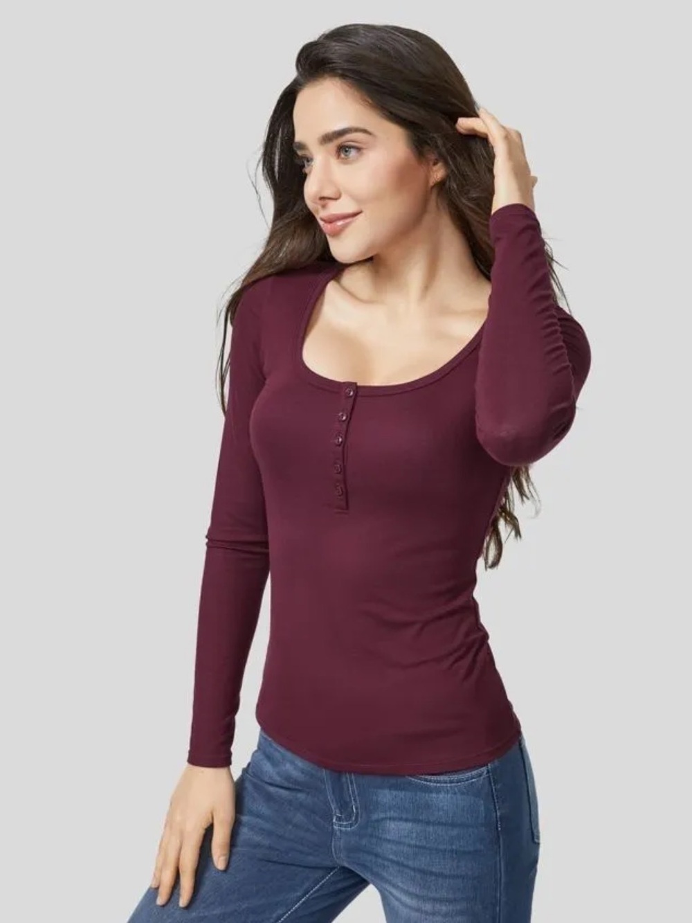 Halara Ribbed Henley Neck Long Sleeve Casual T-Shirt Maroon Banner